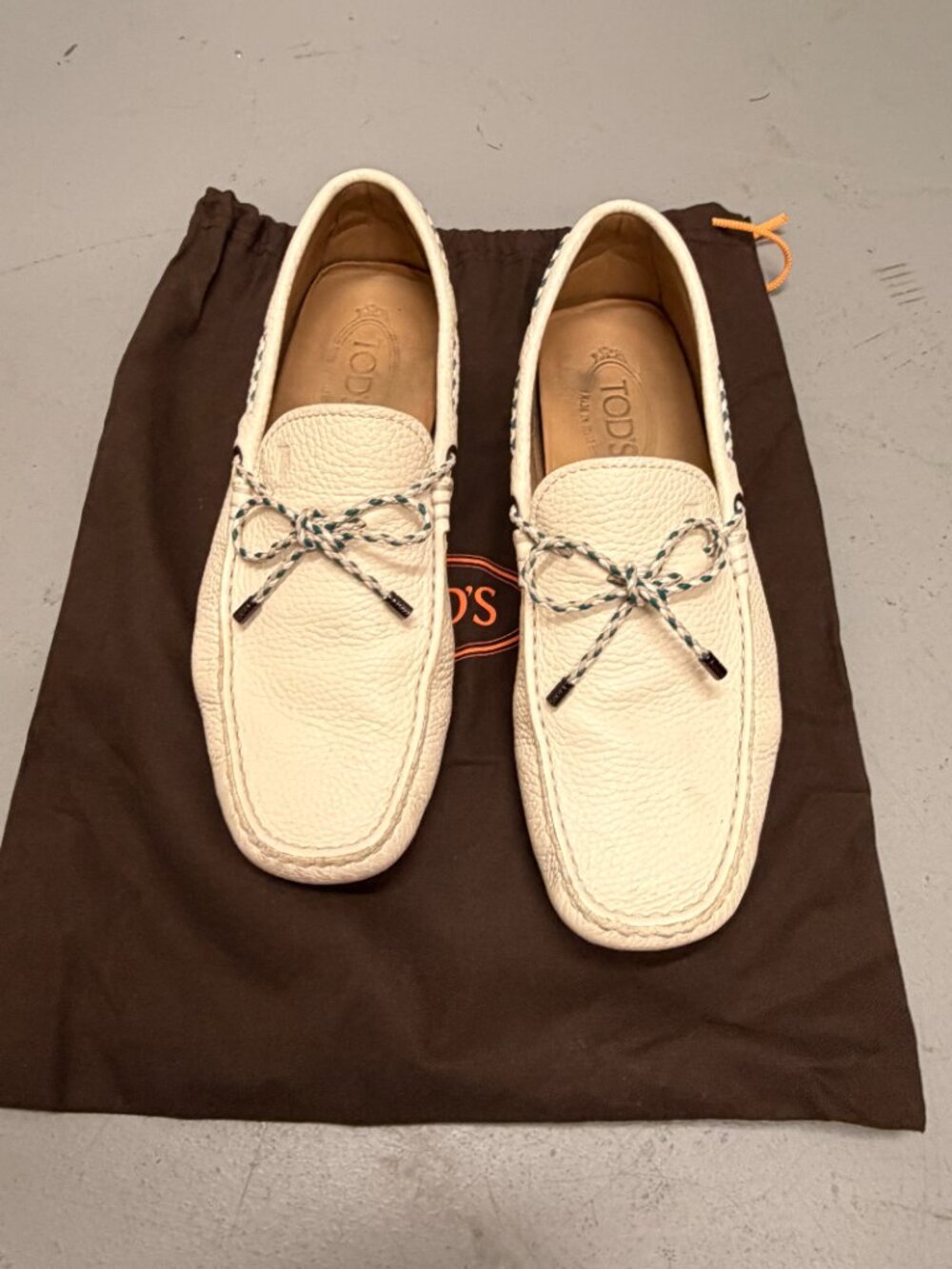 Tod's Gommino Drivers/Loafers, White Leather w/ Green + White Laces, Men's 8.5